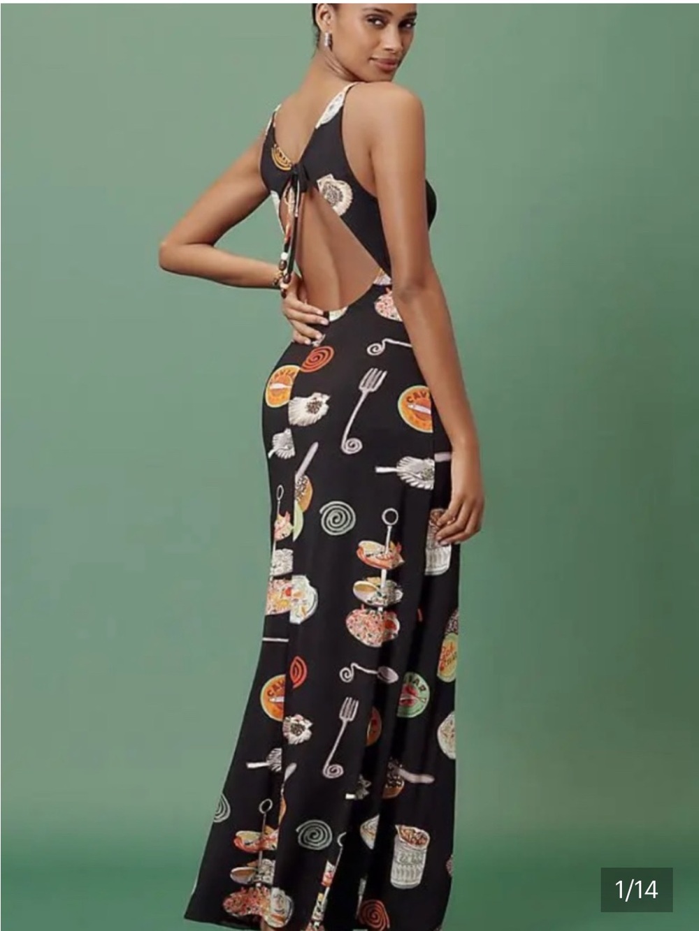 NWT Lisa Says Gah Black Maxi Dress with Playful Food Print Size Large
